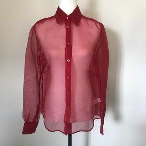HELMUT LANG Long Sleeve Sheer Silk Organza Button Up Shirt Womens Size Small Red